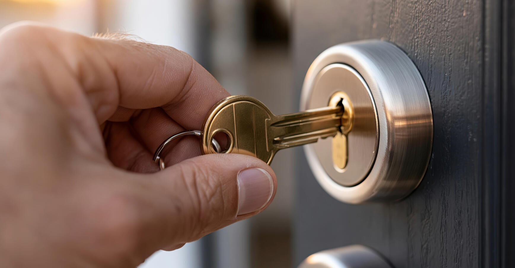 Cybersecurity and Access Protection Hand inserting a key into a door lock